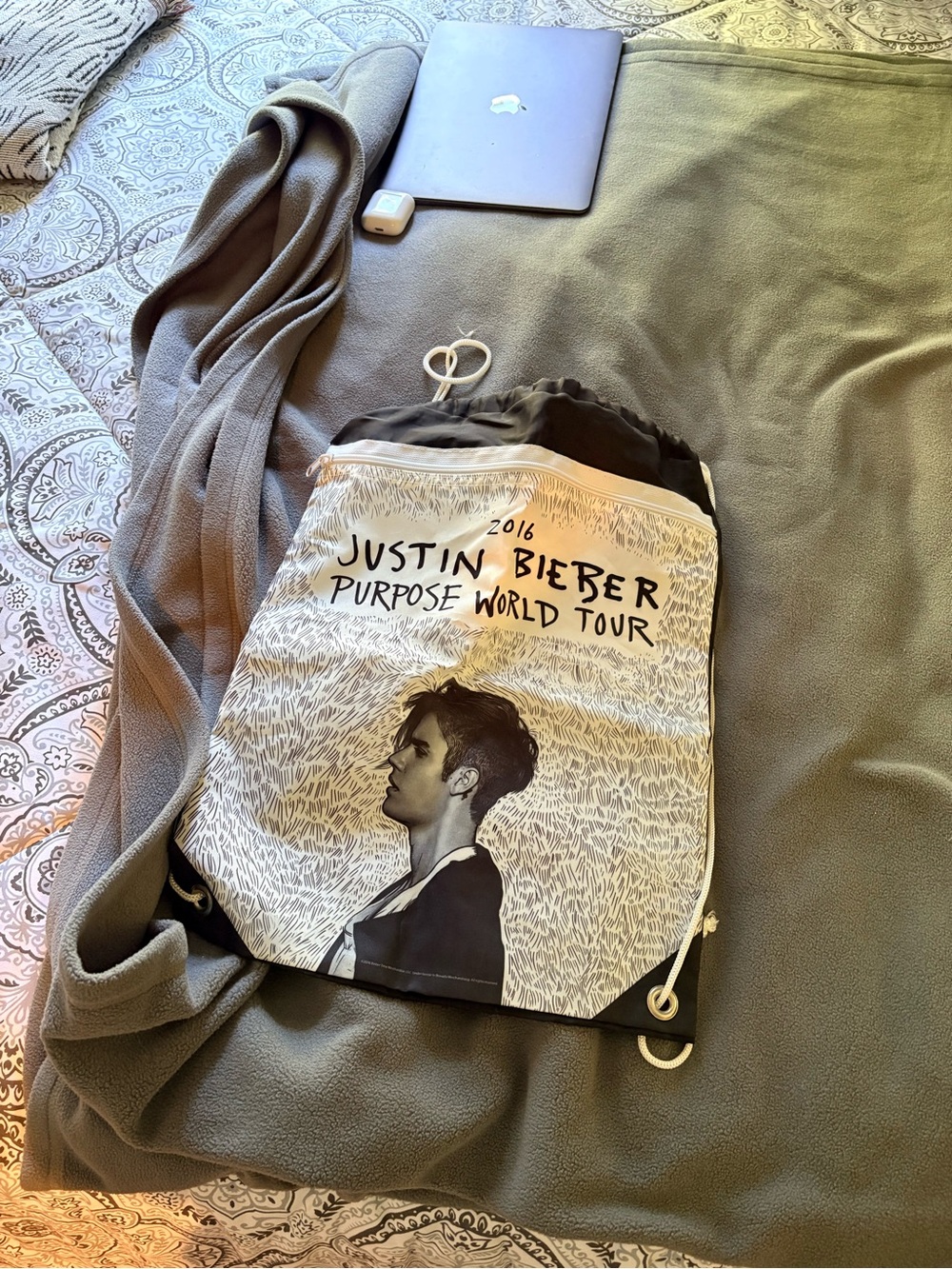 Justin Bieber Black & White Purpose World Tour Drawstring Backpack